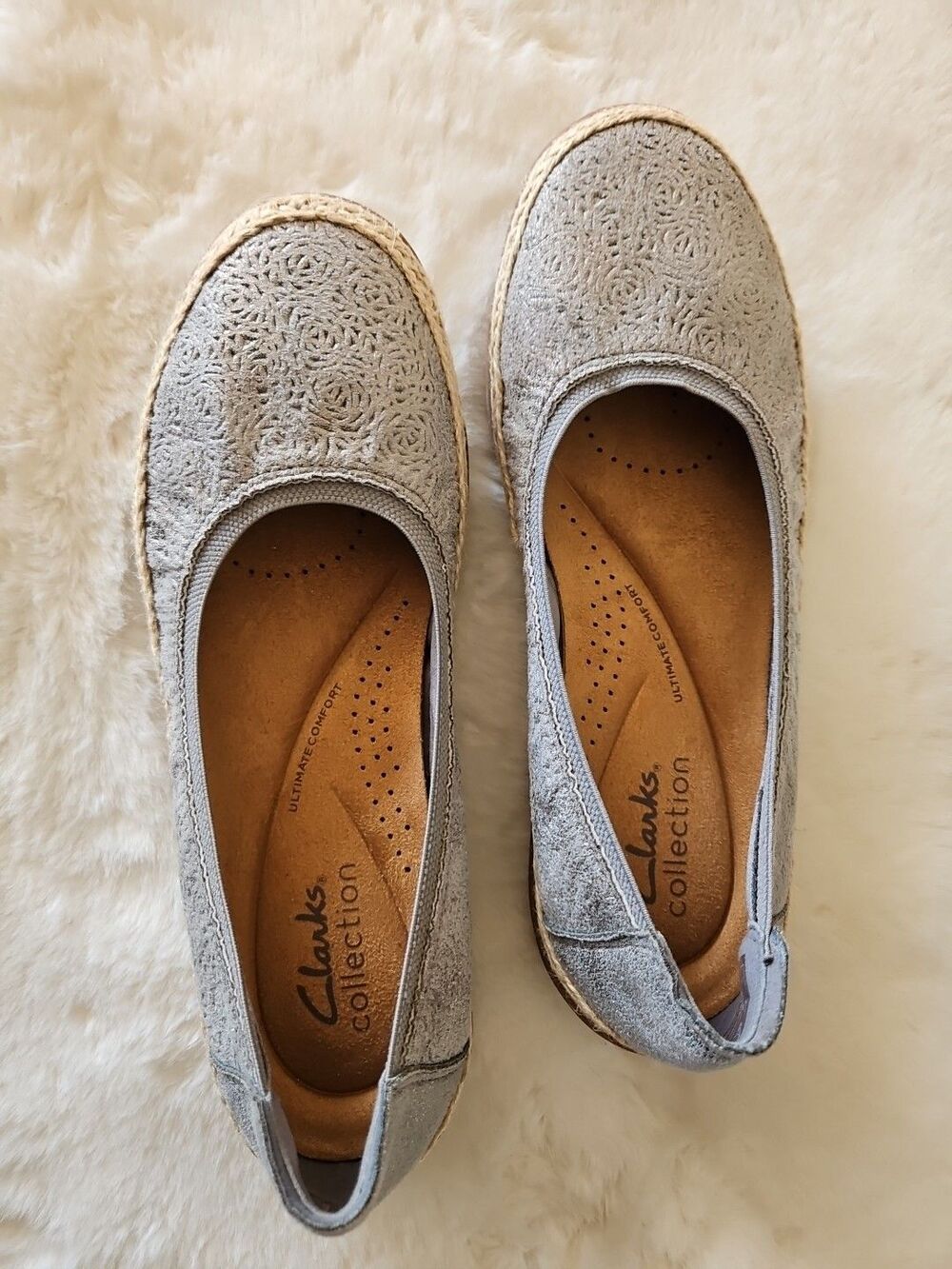 NEW Clarks Elaina Rae Pewter Metallic Leather Ballet Loafers Sz 5.5